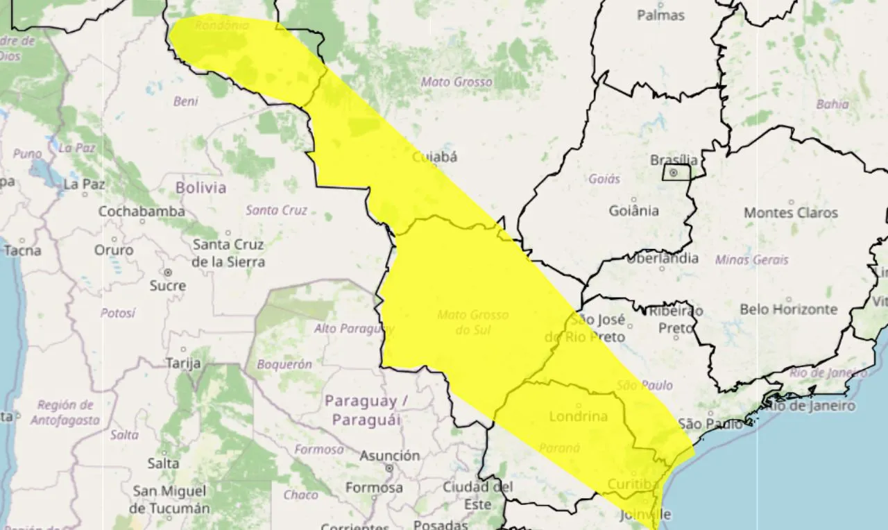 o mapa mostra as &aacute;reas em alerta para chuva intensa